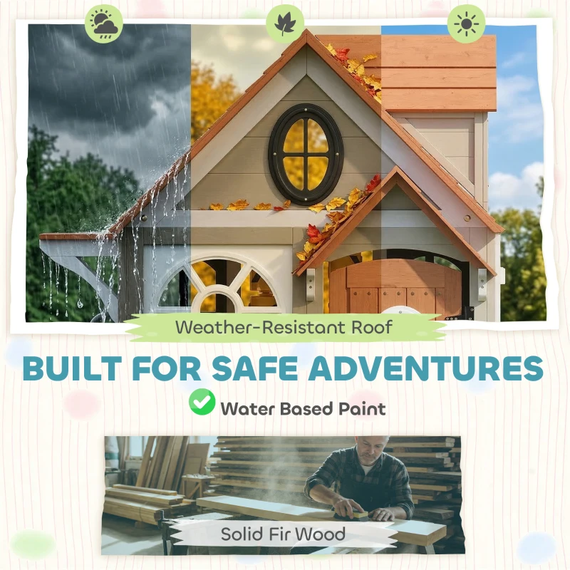 Qaba Outdoor Playhouse, Wooden Kids Playhouse with Dog Door, Cookware, Blackboard, Clock, Tic-Tac-Toe Roller for Backyard
