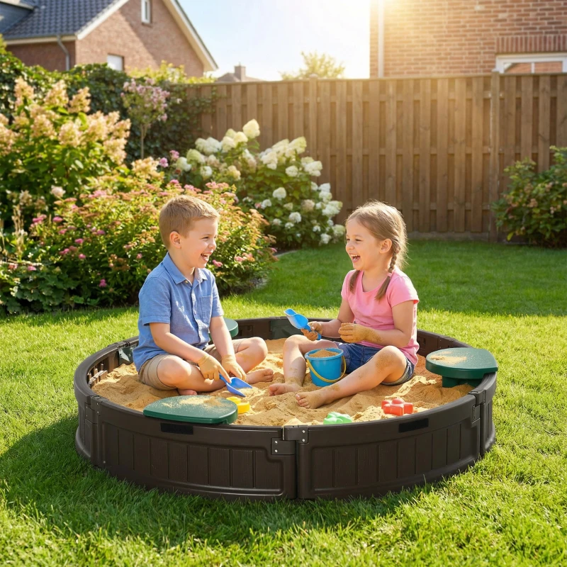 Outsunny Kids Sandbox with Cover, Seat, Sandbox Outdoor for Backyard, Brown