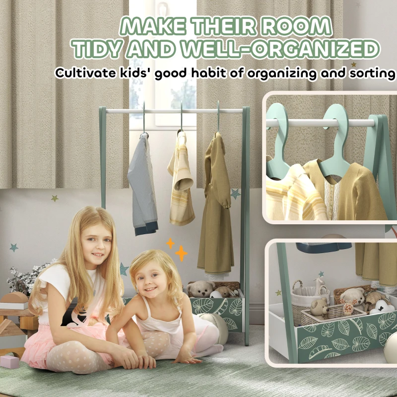 Qaba Kids Clothing Rack with Storage Shelf, Hangers, for Nursery Room, Living Room, Playroom, Green