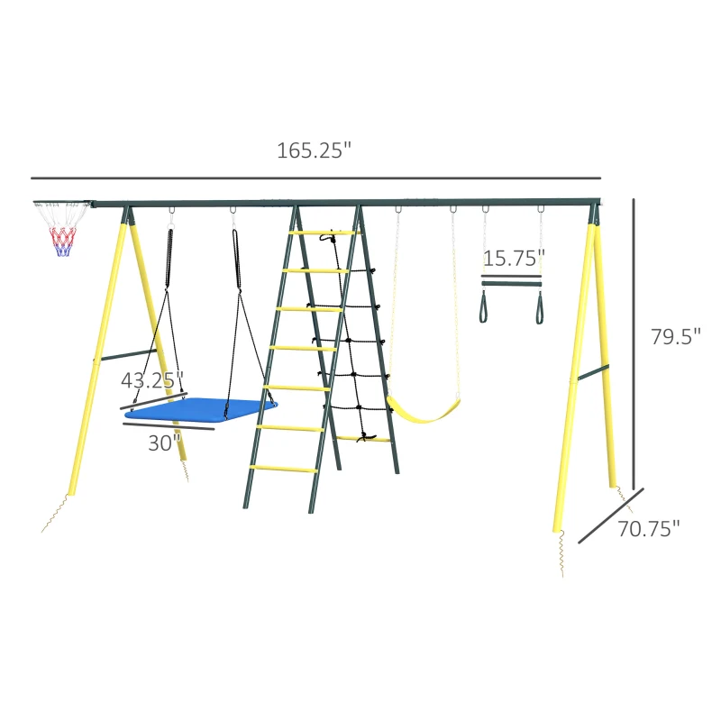 Outsunny Metal Swing Set for Backyard 5 in 1 Design Holds up to 440 lbs. for Ages 3-8, Yellow