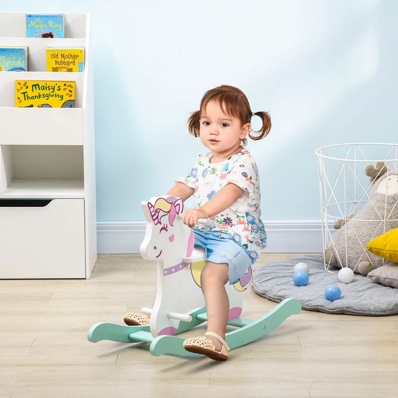 Qaba Wooden Rocking Horse Toddler Rocker Ride On Unicorn for 1-3 Years Old Baby Toy Girl and Boy Gift