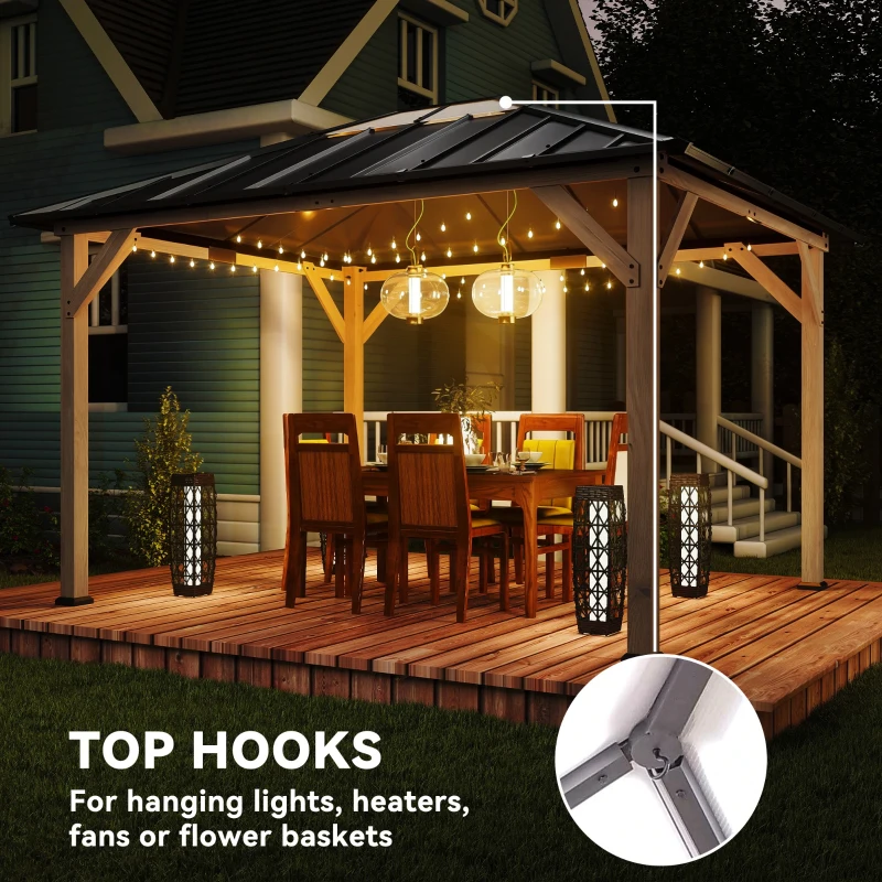Outsunny 10' x 12' Hardtop Gazebo with Galvanized Steel Roof, UPF50+ Wood Permanent Pavilion with Clear Roof Top, Light Walnut