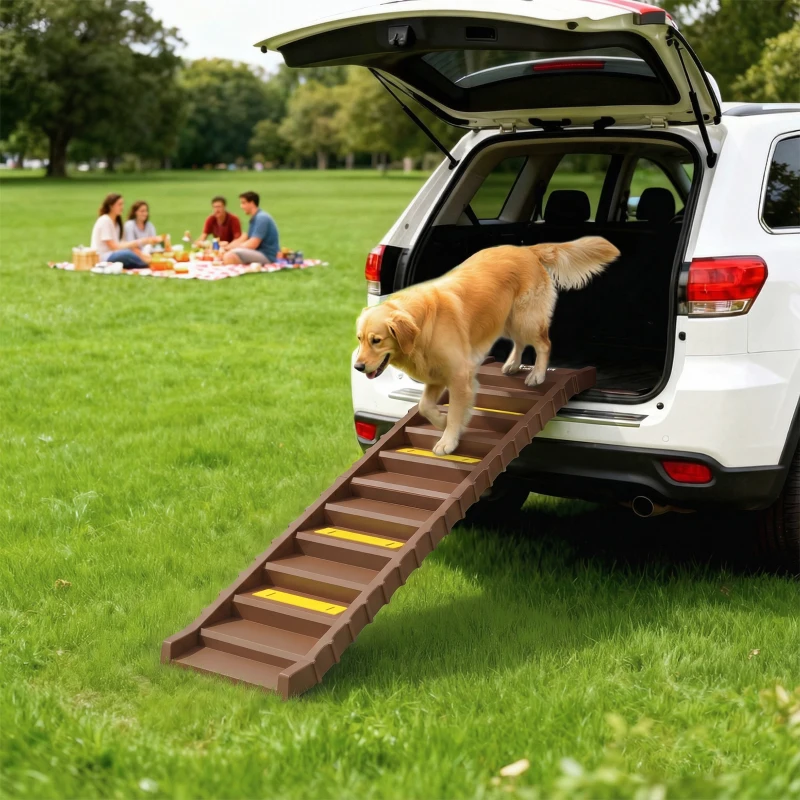 PawHut Dog Stairs for Car Truck SUV, Foldable Dog Ramp for Large Medium Small Dogs, Brown