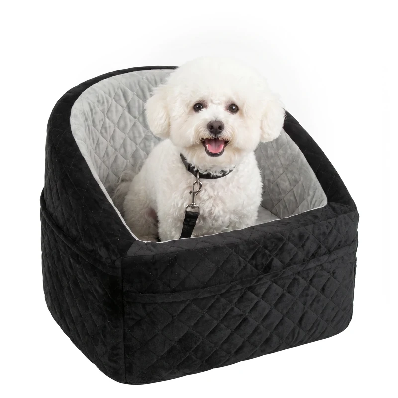 PawHut Dog Car Seat, Dog Booster Car Seat Washable with Adjustable Safety Leash, Storage Pockets for Small Under 10kg, Grey