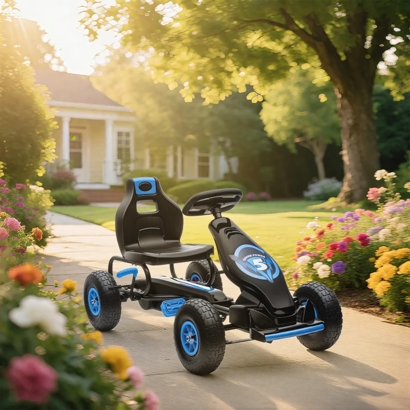 Aosom Kids Pedal Go Kart Ride-on Toy with Ergonomic Comfort, Pedal Car with Tough, Wear-Resistant Tread, Go Cart Kids Car for Boys & Girls with Suspension System, Safety Hand Brake, Ages 5-12, Blue