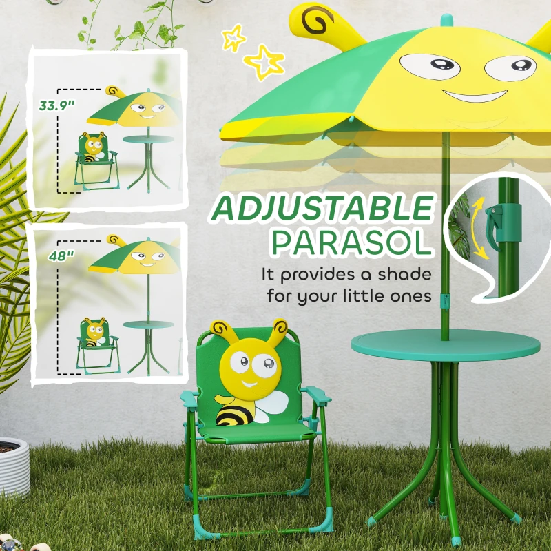 Qaba Kids Picnic Table and Chair Set, Outdoor Activity Table with Foldable Chairs, Height Adjustable Umbrella, Green
