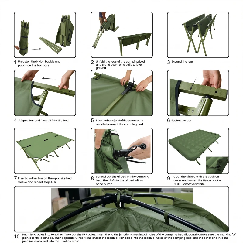 Outsunny Compact Pop Up Portable Folding Outdoor Elevated Camping Cot Tent Combo Set Dark Green