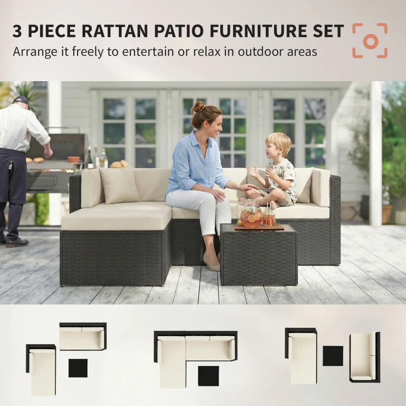Outsunny 3 Piece Patio Furniture Set, Wicker Outdoor Patio Conversation Furniture Set with Cushions, Glass Top Table, Beige