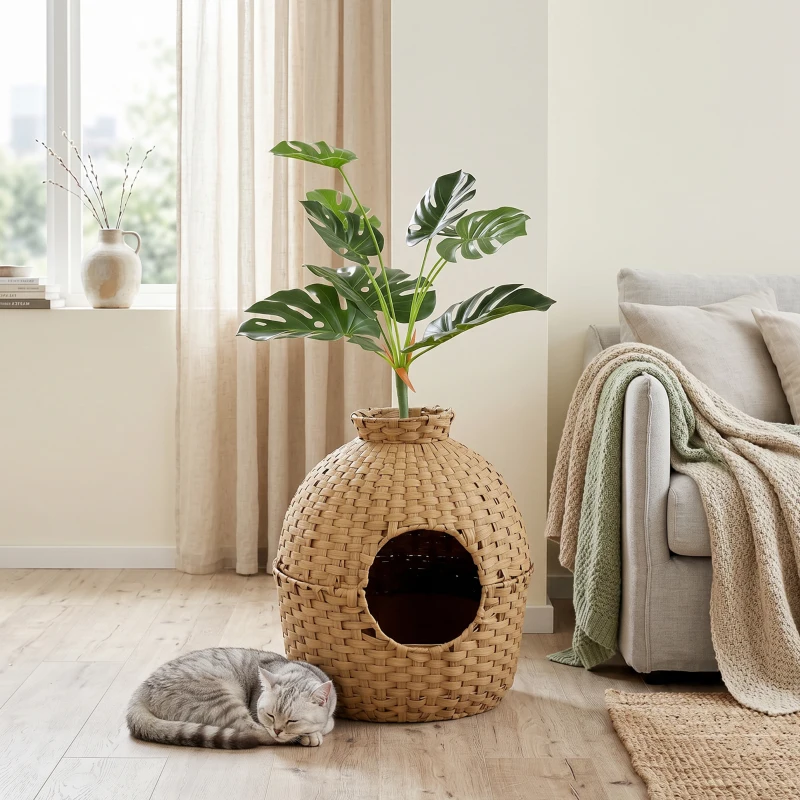 PawHut Hidden Cat Litter Box Enclosure with Faux Plant & Stainless Steel Tray for Bedroom, Living Room, Corner