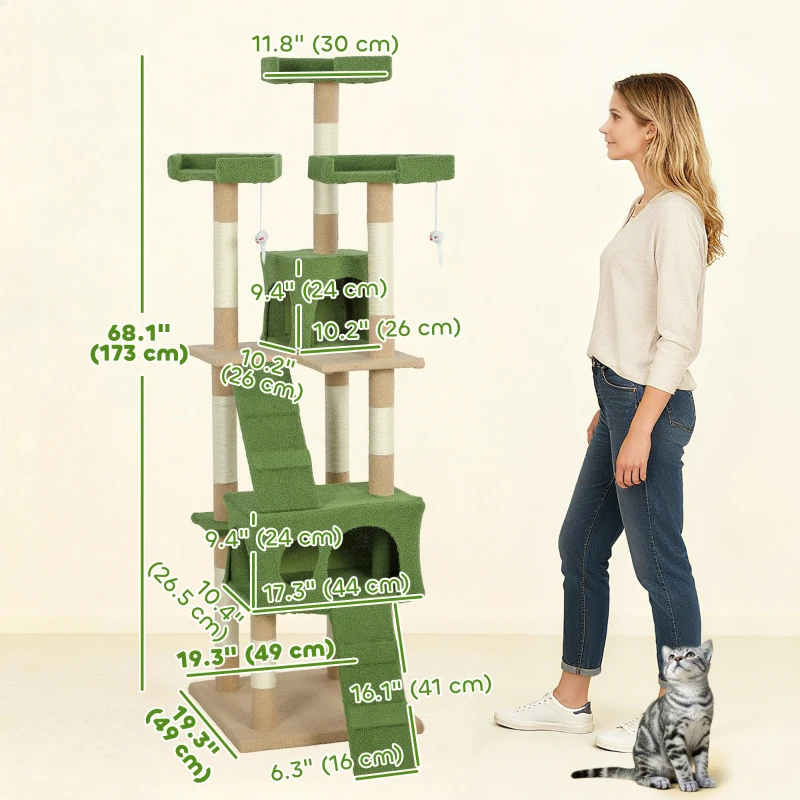PawHut 68-inch Multi-Level Cat Scratching Tree Kitty Activity Center Post Tower Condo Pet Furniture w/ Toy Green