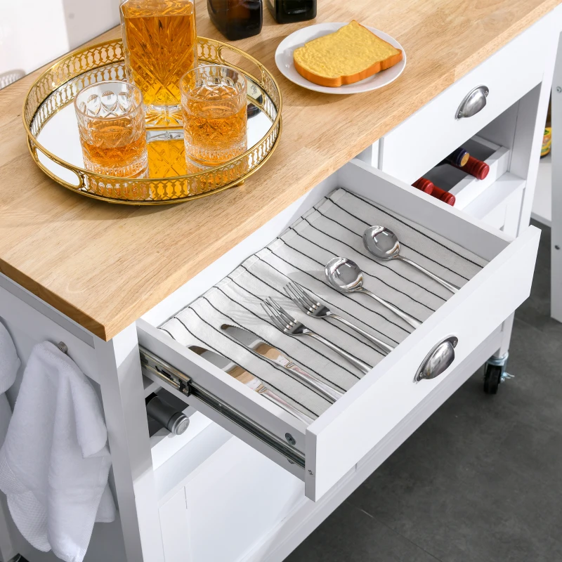 HOMCOM Rolling Kitchen Island Cart, Trolley Cart with Wine Rack, Rubberwood Top, Drawer and Hook, White