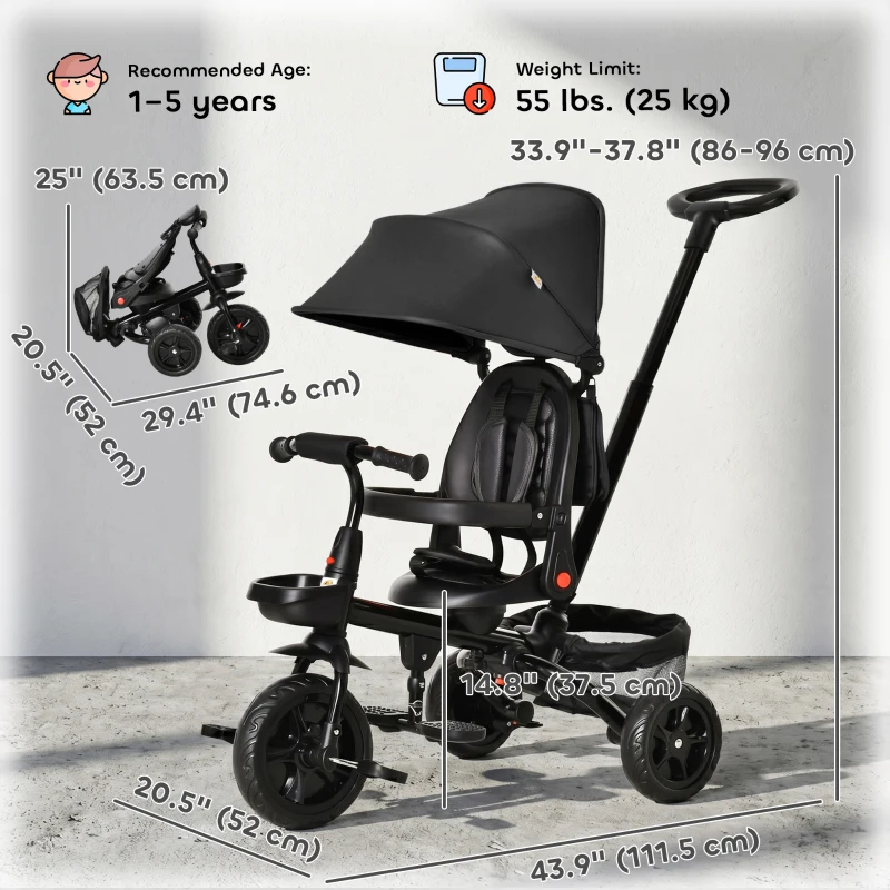 Qaba Tricycle for Toddler 5 in 1 Kids Trike, Foldable Converts Stroller to Toddler Bike, Adjustable Backrest & Curved Canopy, Detachable Guardrail & Handle for 1-5 Years Old, Black