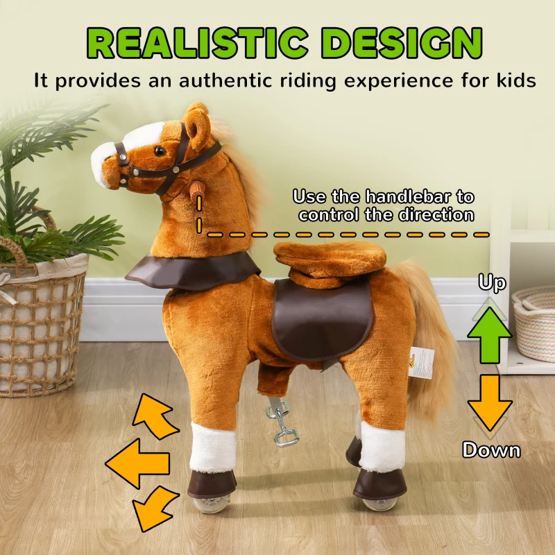 Qaba Ride on Horse, Plush Riding Pony for Ages 3-5, Walking Horse Animal with Wheels Neighing for Active Play, Brown