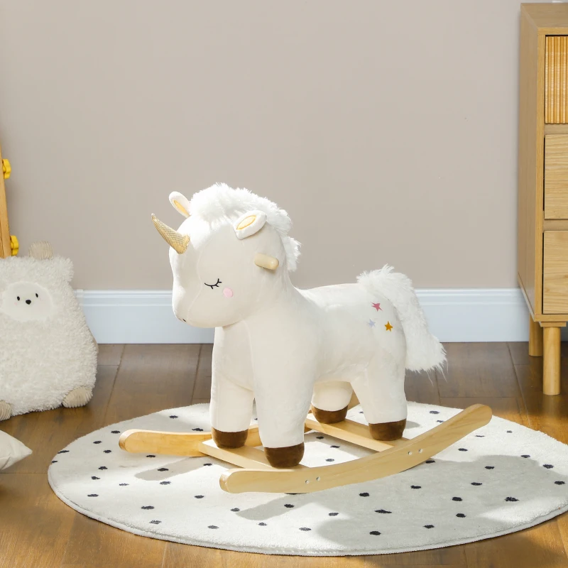 Qaba Kids Rocking Horse, Ride on Unicorn with Realistic Sounds & Wooden Base for Years 2-4, White