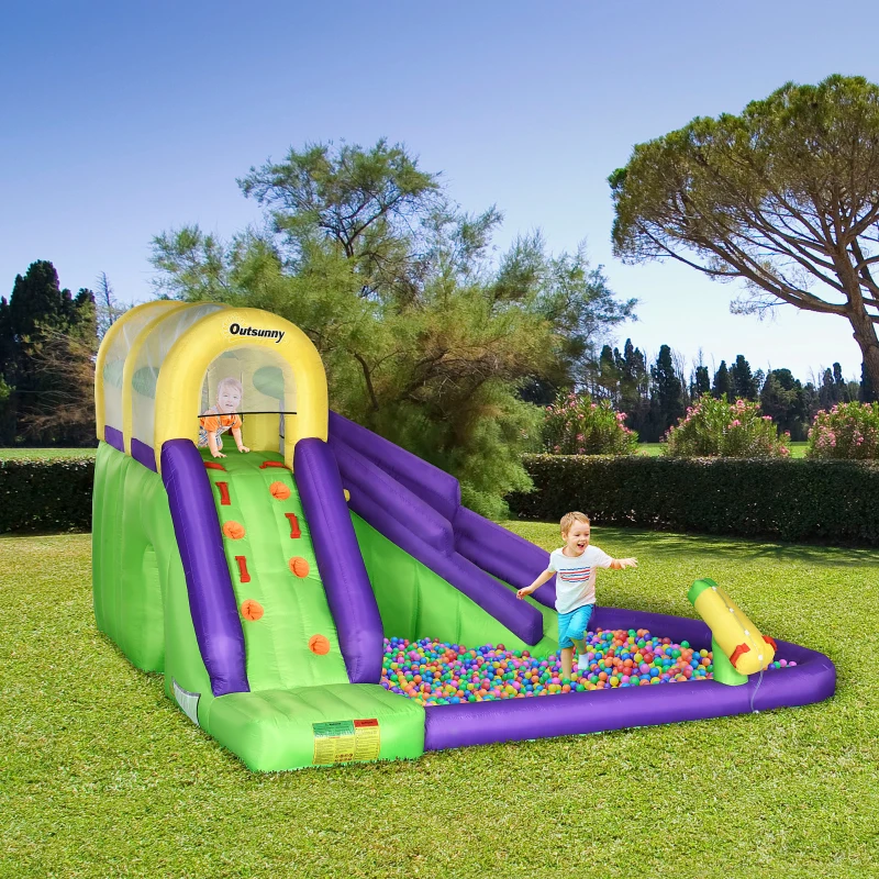 Outsunny 5-in-1 Inflatable Water Slide, Kids Castle Bounce House with Slide, Basketball, Pool, Water Cannon, Climbing Wall Includes Carry Bag, Repair Patches, 680W Air Blower