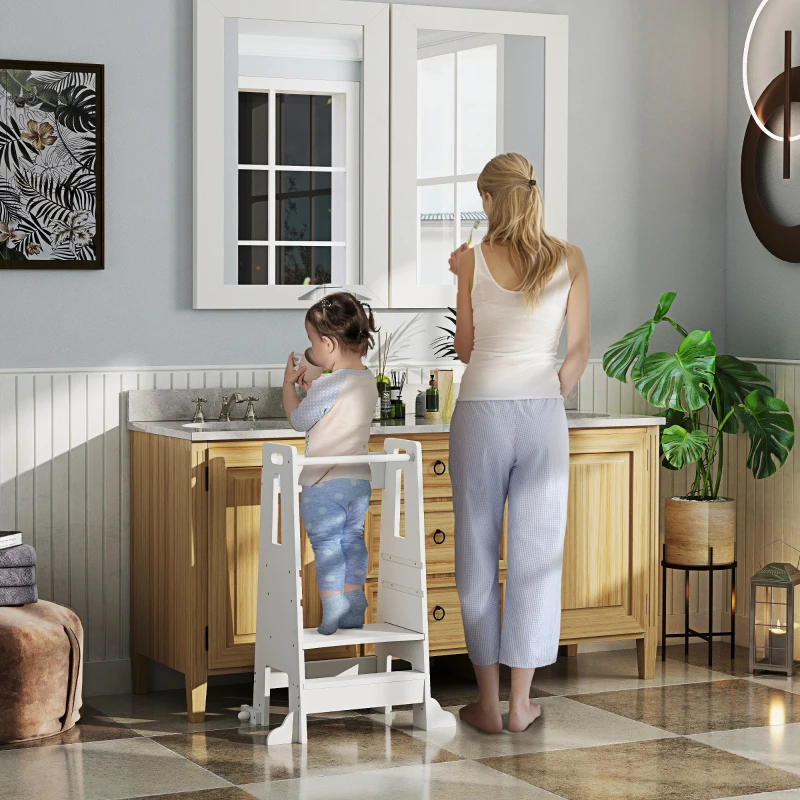 Qaba Height Adjustable Toddler Tower w/ Safety Rail, Handlbar, for Bathroom, Kitchen, White