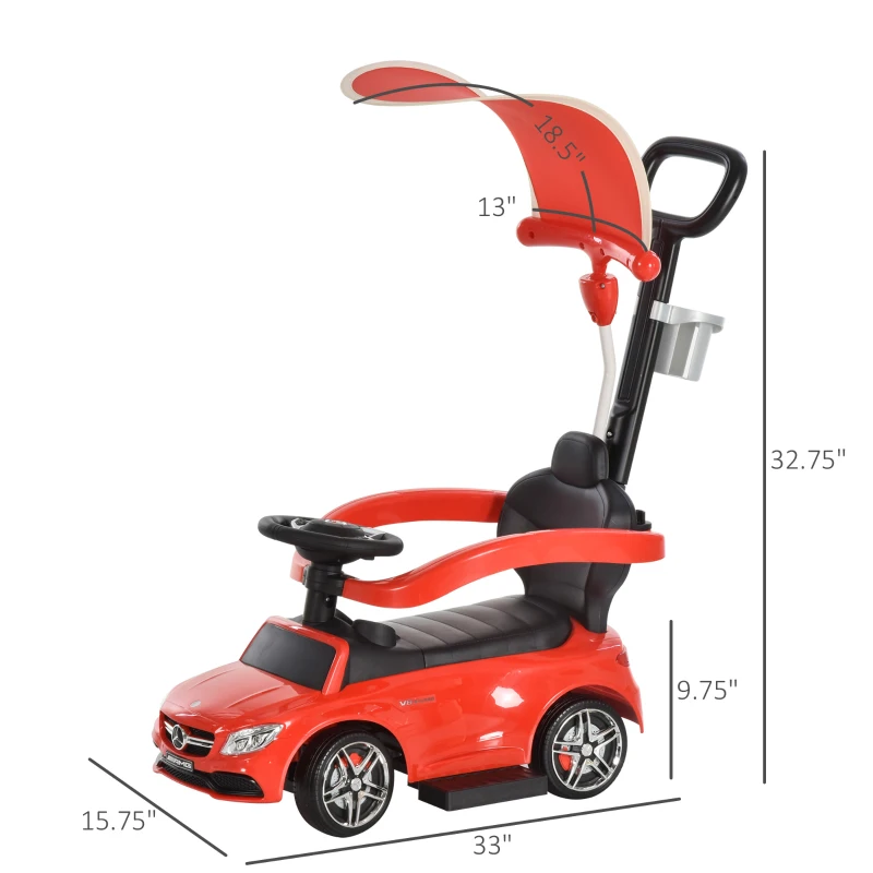 Aosom MERCEDES-AMG C63 Licensed Ride on Push Cars for Toddlers, Sliding Walking Car with Sun Canopy, Horn, Music, Safety Bar, Cup Holder and Storage, Red