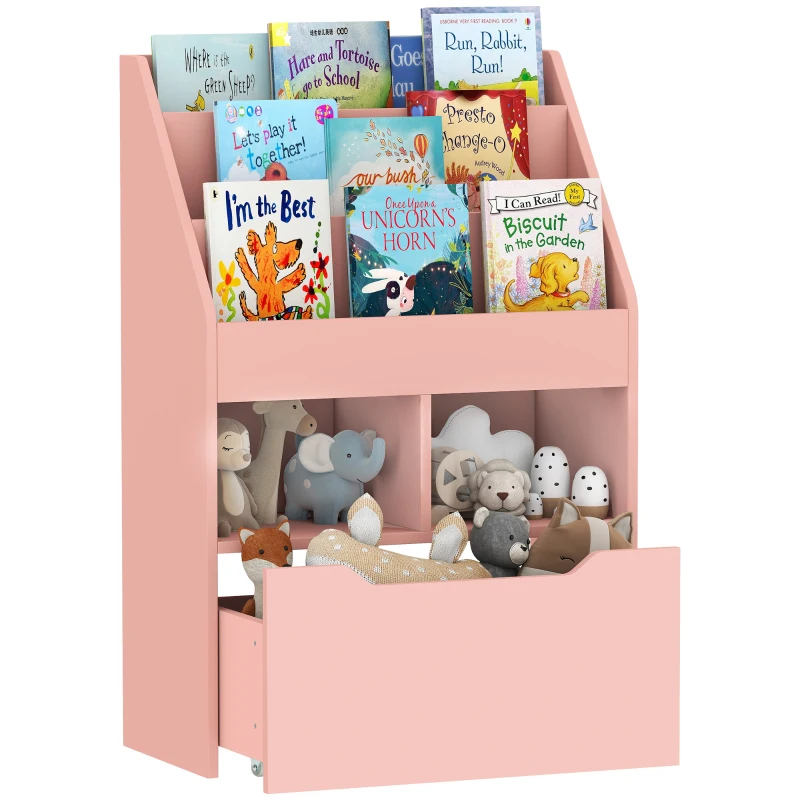 HOMCOM Kids Bookcase with Storage Drawer for Books, Reading Nook, for Classroom, Bedroom, Playroom, Pink