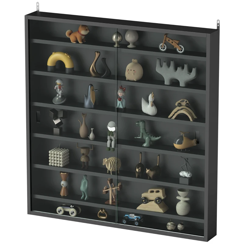 HOMCOM 7-Tier Display Cabinet, Shot Glass Display Case, Glass Curio Cabinet with 2 Glass Doors and 6 Adjustable Shelves, Black