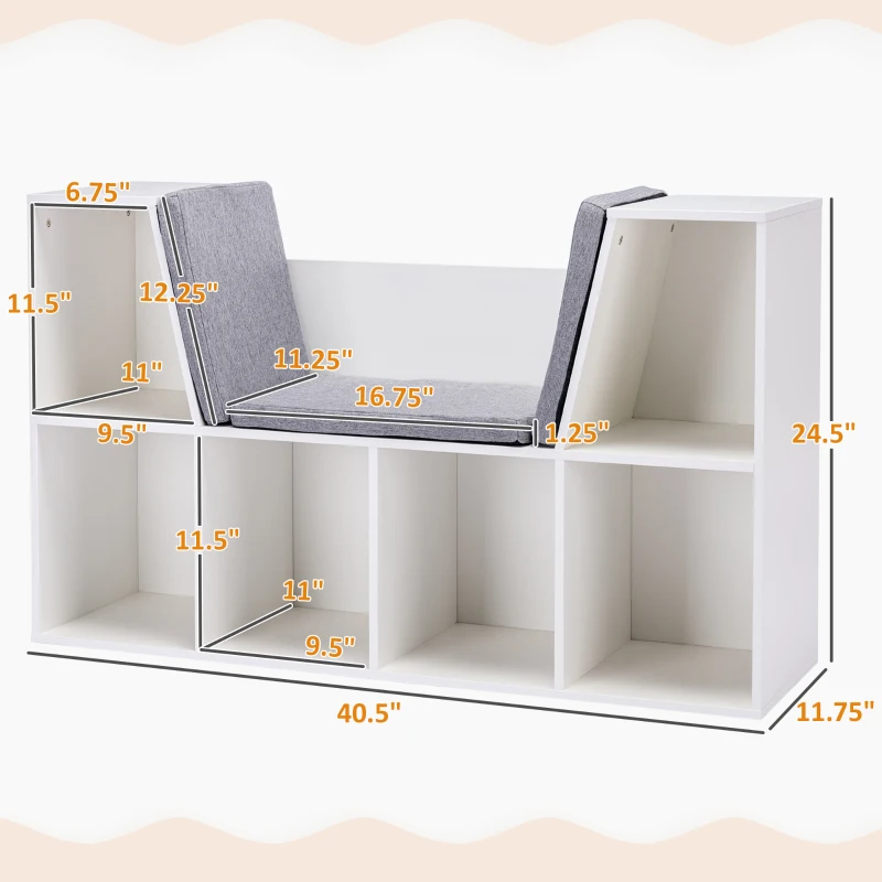 HOMCOM 6-Cubby Kids Bookcase with Reading Nook and Cushion, Multi-Purpose Storage Organizer for Bedroom, Living Room, Pure White