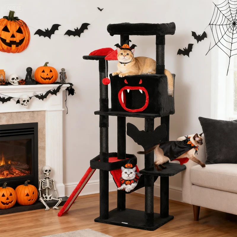 PawHut Gothic Cat Tree, 60" Tall Cat Tower with Coffin Bed,  Sisal Scratching Posts & Ramp, Condo, Hammock, Perches, Black