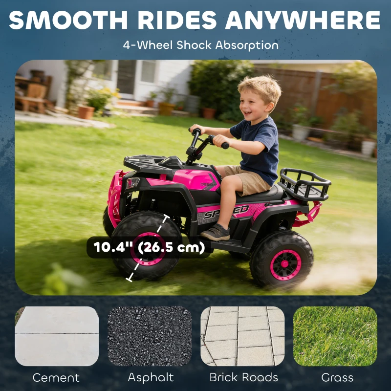 Qaba 12V Kids ATV, 4 Wheeler Quad with 4 Spring Suspension Wheels, LED Lights, Music USB, Pink