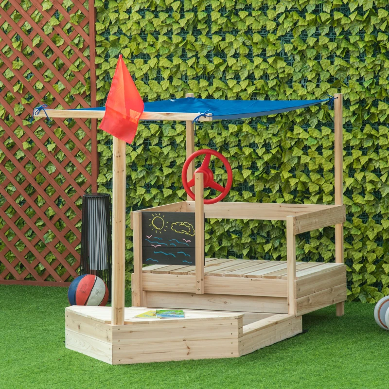 Outsunny Kids Wooden Sandbox, Covered Children Pirate Sand Boat for Outdoor, Foldable Play Station, w/ Flag, Canopy Shade, Bottom Liner, Blackboard, for 3-8 Years Old, Natural Wood