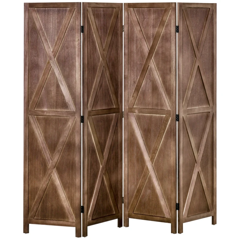 HOMCOM 4-panel Wall Partition Farmhouse Room Separator with Foldable Design Wooden Frame 5.6FT, Walnut