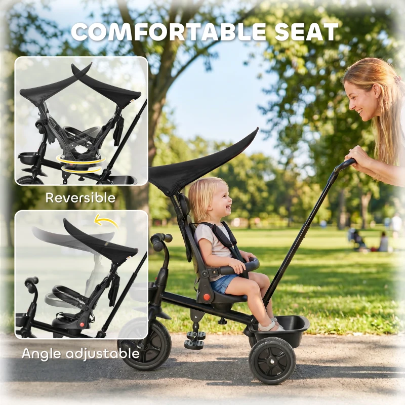Qaba Tricycle for Toddler 5 in 1 Kids Trike, Converts Stroller to Toddler Bike, Adjustable Backrest & Flat Canopy, Detachable Guardrail & Handle for 1-5 Years Old, Black