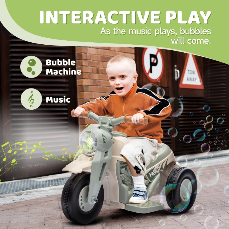 Qaba Ride On Motorcycle, 6V Ride on Bubble Car, 3 Wheeled Electric Motorcycle for Kids w/ LED Headlight, Music, Cream White