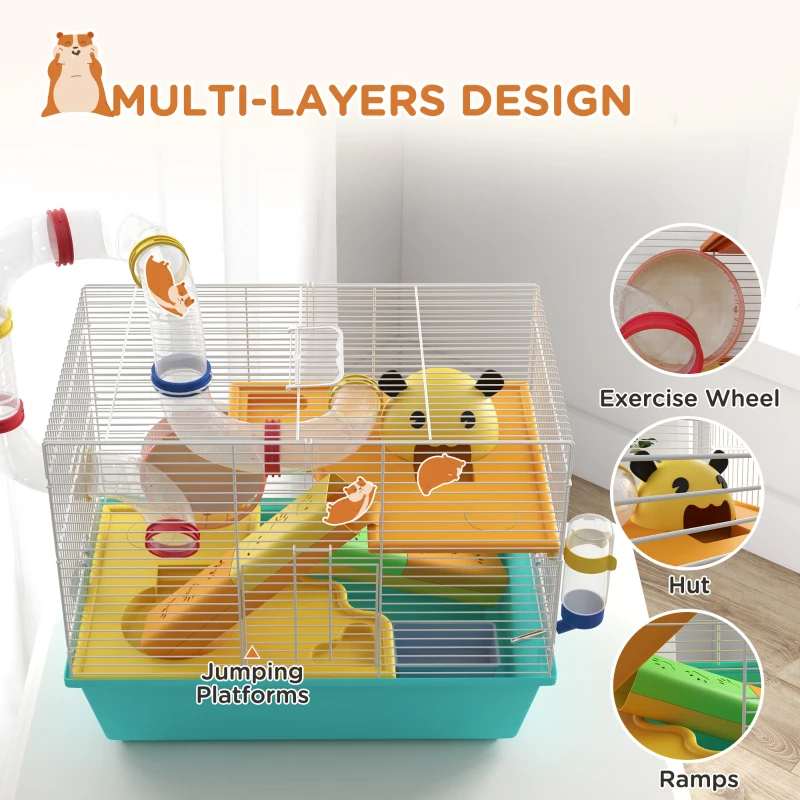 PawHut 3 Tiers Hamster Cage for Gerbil, Dwarf Hamster with Tunnels, Water Bottle, Exercise Wheel, 18" x 11" x 15" - Light Blue