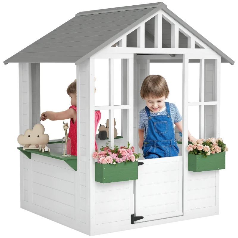 Outsunny Kids Wooden Playhouse, Outdoor Garden Games Cottage with Flowers Pot Holder, Working Door, Windows, White