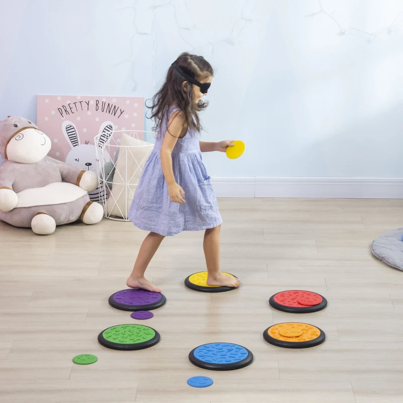 Qaba Blindfolded and Barefoot Tactile Discs, Sensory Discs for Kids, Little Kids Game, Sensory Toy Matching Game, Early Learning Toy Elementary & Preschool Game for 3-8 Year Old Kids, Multi-Color
