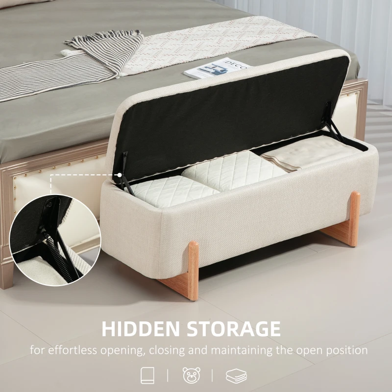 HOMCOM Storage Ottoman with Linen-Look Upholstery, Storage Bench with Safety Hinges and Wooden Legs for Bedroom, Cream White