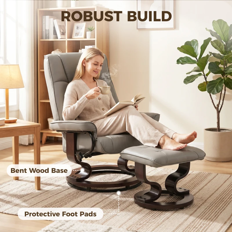 HOMCOM Faux Leather Reclining Chair with Ottoman, Manual Recliner with Tufted Back and Wood Frame for Living Room, Gray
