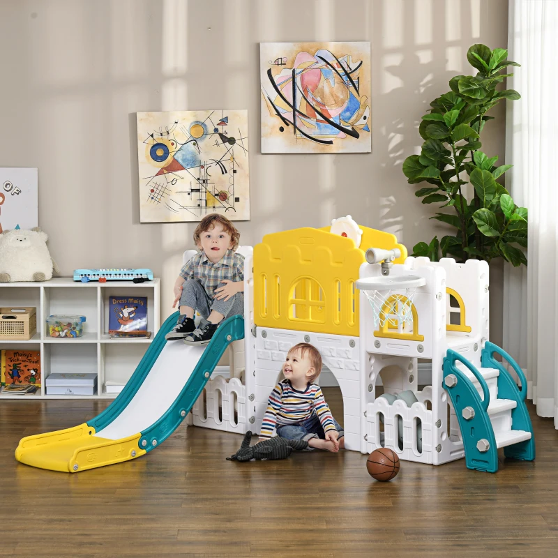 Qaba 9 in 1 Toddler Slide for Kids Age 1-3 Years with Basketball Hoop, Climber, Telescope, Tunnel, Steering Wheel, Aisle