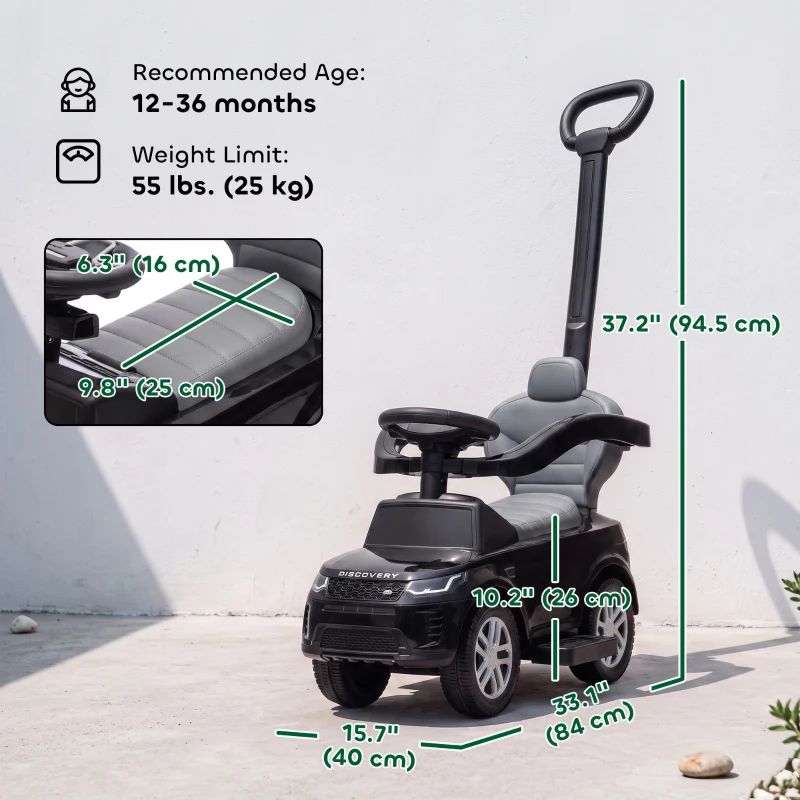 Qaba Land Rover Discovery Licensed 2-in-1 Ride On Push Car with Removable Parent Handle, Under-Seat Storage, Black