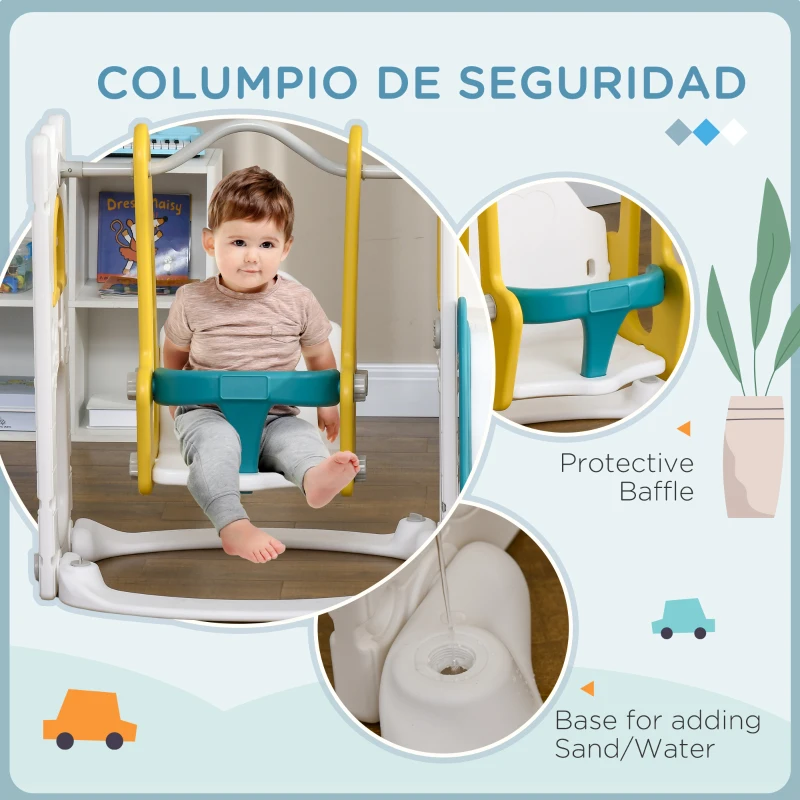 Qaba 6-in-1 Slide and Swing Set Baby Swing Playset Indoor with Basketball Hoop, Climber, Storage Space, Telescope, Yellow