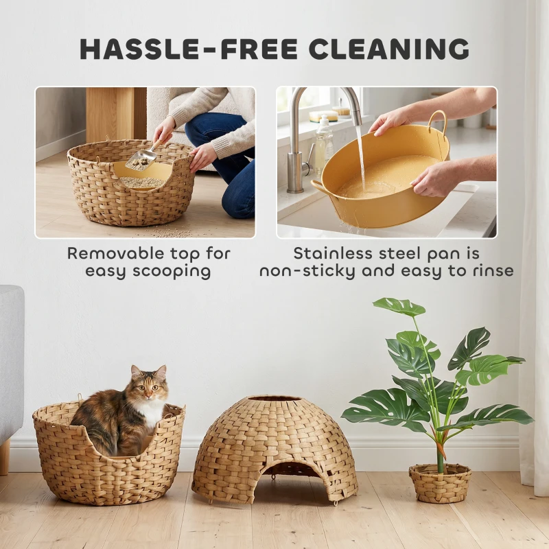 PawHut Hidden Cat Litter Box Enclosure with Faux Plant & Stainless Steel Tray for Bedroom, Living Room, Corner