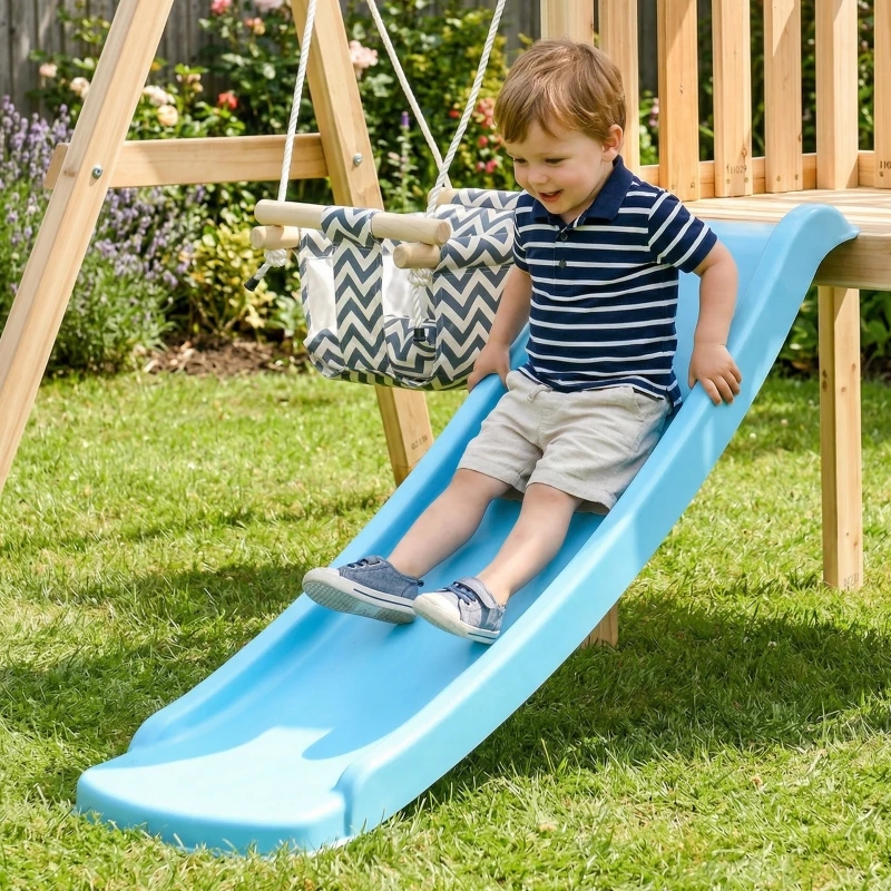 Outsunny Swing Set for Backyard, Wooden Toddler Outdoor Playset with Baby Swing Seat, Kids Slide, Fort, Playground Equipment with Captain's Wheel, Telescope for Ages 1.5-4, Natural