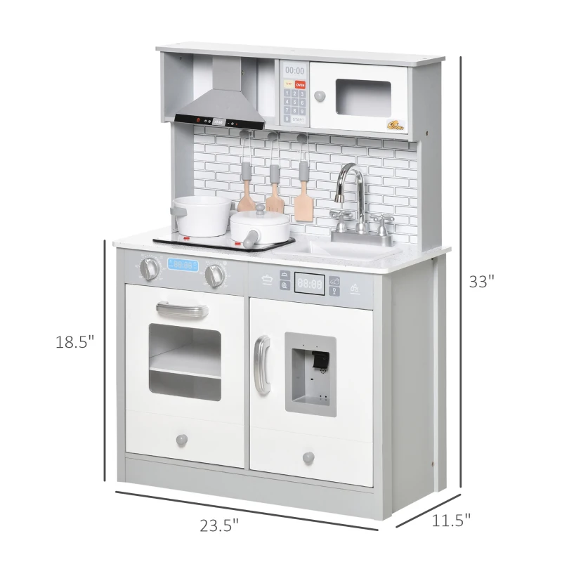 Qaba Play Kitchen with Sink, Microwave, and Ice Machine, Kids Kitchen Playset with Sound Effects and Lights, Pretend Toy Set for 3+ Years Old