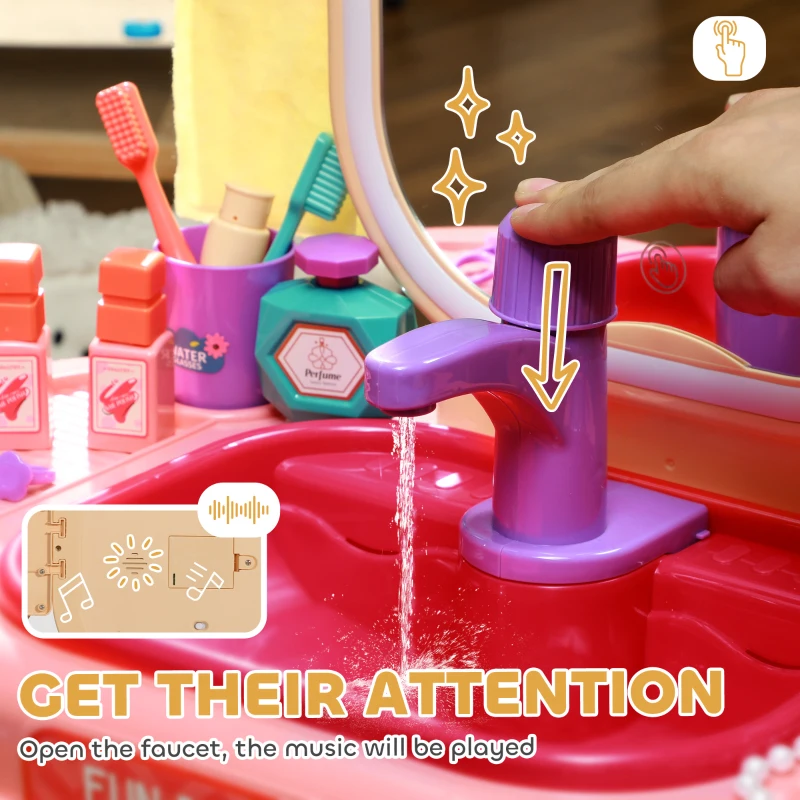 Qaba Kids Vanity Set with Mirror, LED Light, Music, 23 Accessories, Pretend Play Set for Girls 3-6 Years, Pink