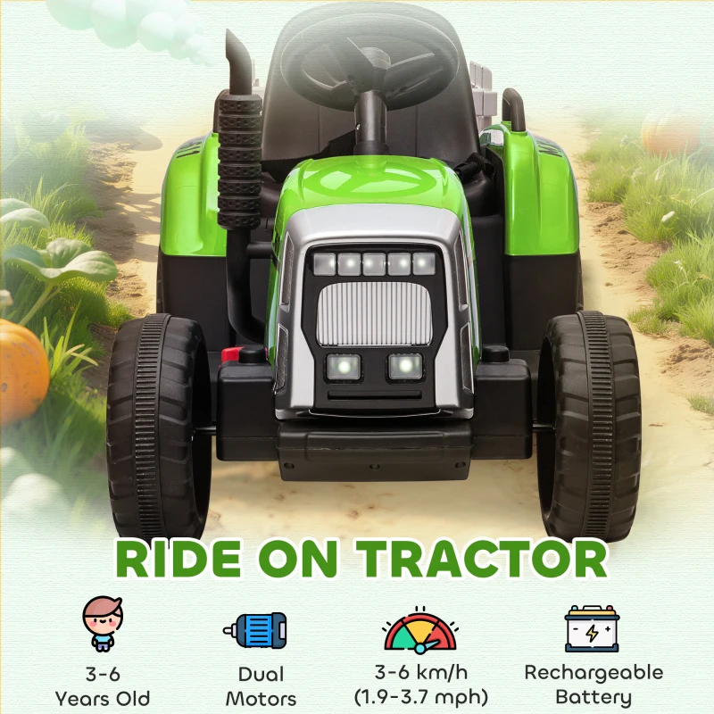 Aosom 12V Ride on Tractor with Trailer, 25W Dual Motors, Battery Powered Electric Tractor with Remote Control, Music Startup Sound and Horn, LED Lights, Green