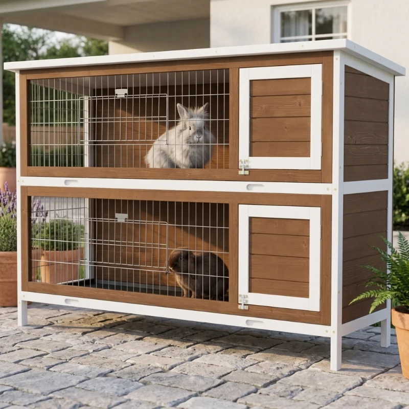 PawHut Wooden Rabbit Hutch w/ Dividers Asphalt Roof for Small Animals & Outdoors, Brown