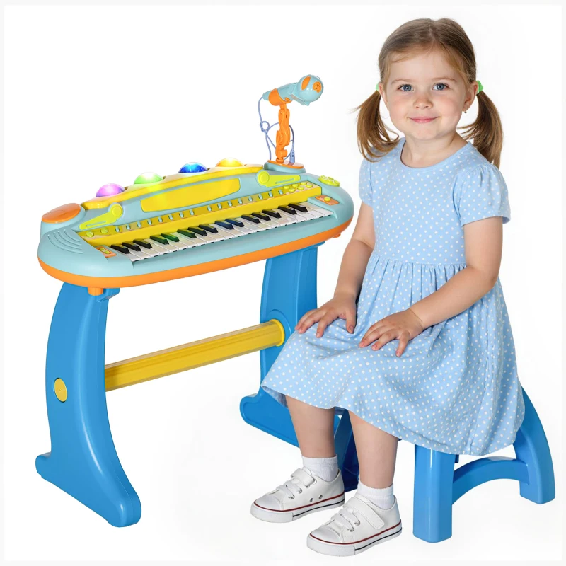 Qaba 37 Key Kids Piano Keyboard with Microphone, Stool, for 3-6 Years, Blue