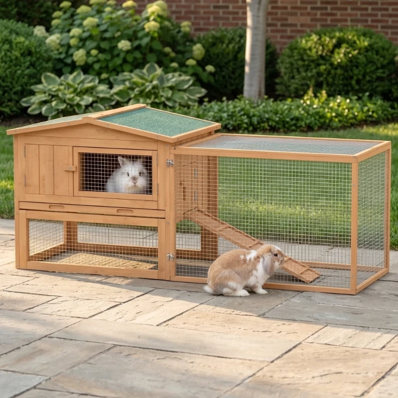 PawHut Rabbit Cage Outdoor, 62" Wooden Outdoor Rabbit Hutch, Small Animal Habitat with Detachable Run and Elevated Main House, Natural