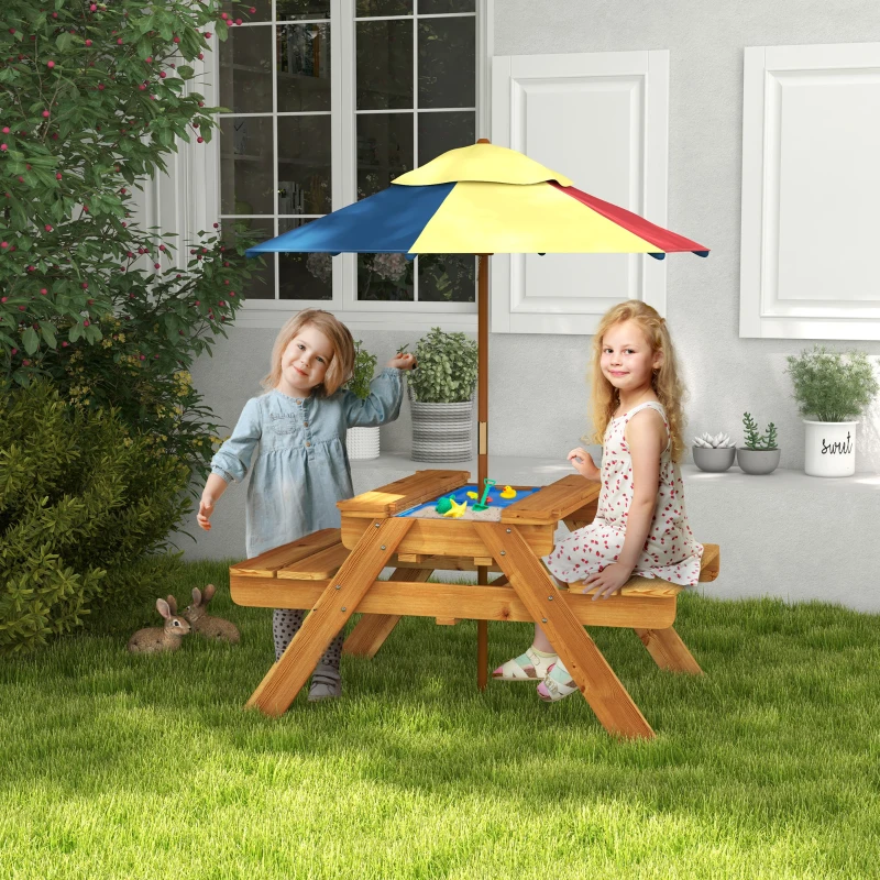 Outsunny Sensory Table 3 in 1 Toddler Water and Sand Table w/ Foldable Umbrella 2 Play Boxes Removable Top, 3-6 Years Old, Teak