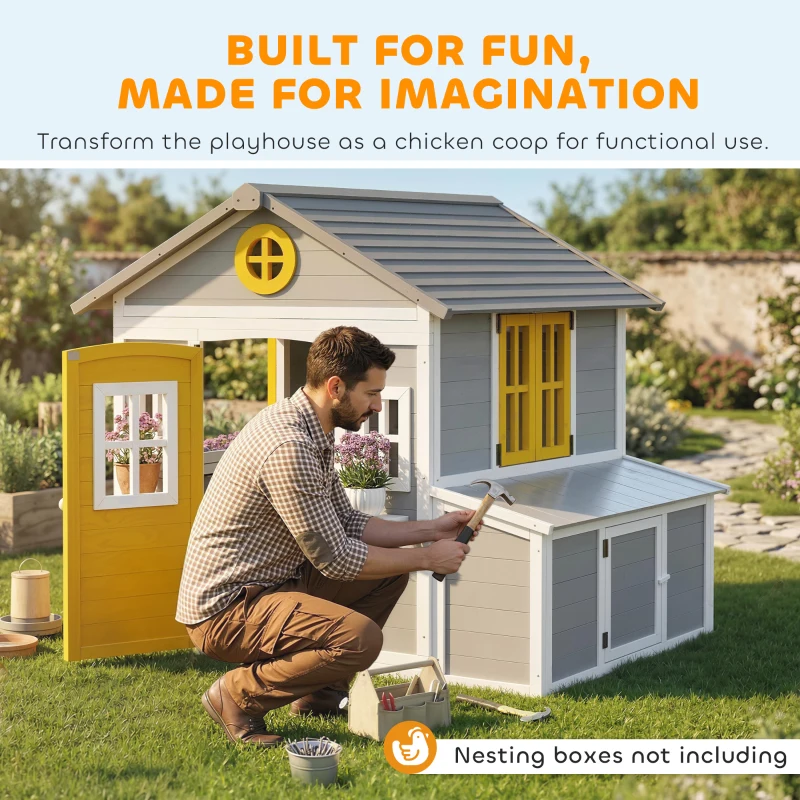 Outsunny Wooden Playhouse for Kids Outdoor with Doors, Windows, Planter Pots and Boxes for Toddlers 3-8 Years, Gray