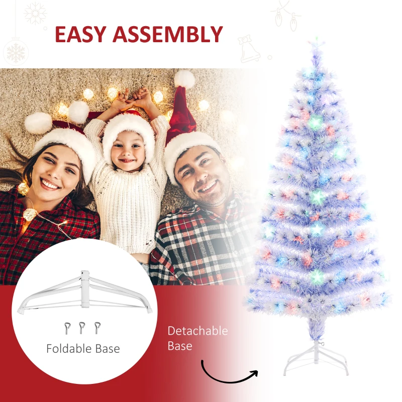 HOMCOM 5ft Tall Pre-Lit Douglas Fir Artificial Christmas Tree with Realistic Branches, Multi-Color LED Lights, Fiber Optics and 180 Tips - White/Blue