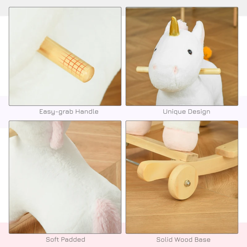 Qaba 2 in 1 Kids Rocking Horse, Rolling Unicorn with Sound, Wooden Base, Pedal, Grip Handle, for 3-6 Years Old, White